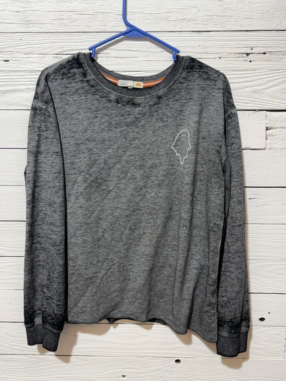 C&C California Charcoal Gray Long-Sleeve Crewneck Small Ghost Outline Womens